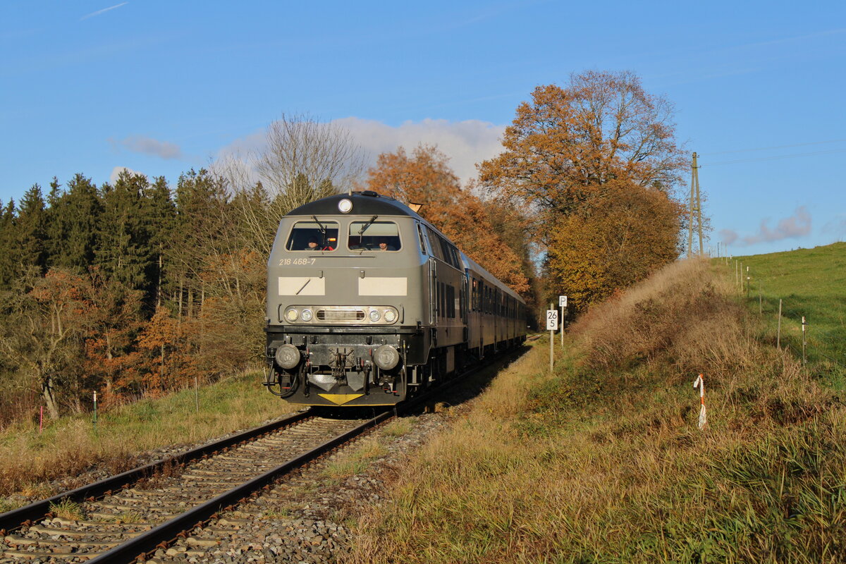 NeSa 218 468-7 rollt mit ihrem SVG-Adventsonderzug über die Biberbahn bei Schwackenreute zur Fahrt von Mengen nach Radolfzell. (26.11.2022)
