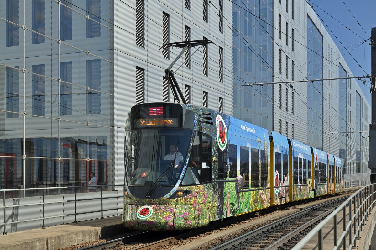 Neu macht der Be 6/10 Tango 152 Werbung für IP Suisse. Hier fährt der Wagen auf der Linie 11 zur Haltestelle Peter Merian. Die Aufnahme stammt vom 21.09.2015.