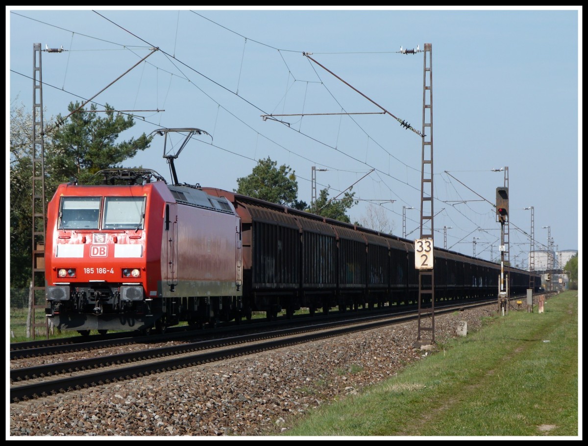 Neulack? Oder einfach nur frisch poliert?
Mit strahlendem Lack zeigt sich 185 186 am 29.3.14 mit einem H - Wagenganzzug. Sie fährt über die Rheinbahn in Richtung Karlsruhe und wurde kurz hinter dem Bahnhof Wiesental festgehalten.