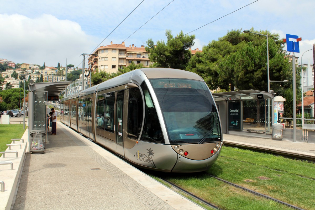 Nice / Nizza Lignes d'Azur SL T1 (Alstom Citadis-302 04) Voie Romaine (Hst. / Endst. Hôpital Pasteur) am 23. Juli 2015.
