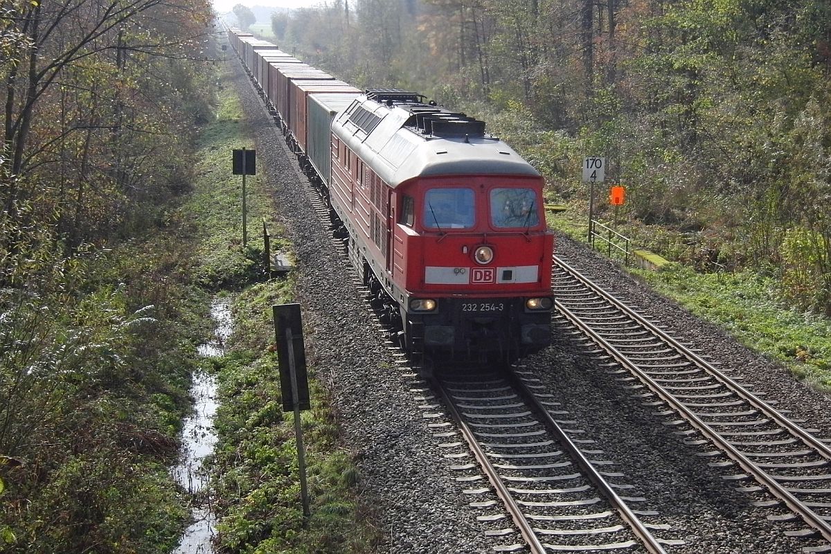 Nicht die besten Lichtverhltnisse (Gegenlicht und leichter Nebel auerhalb des Waldes) fr das Bild eines Gterzugumleiters auf der Sdbahn. Auf der Fahrt Richtung Ulm fhrt 232 254-3 mit ihren Containerwagen am 01.11.2012 zwischen Niederbiegen und Mochenwangen durch den Schenkenwald.