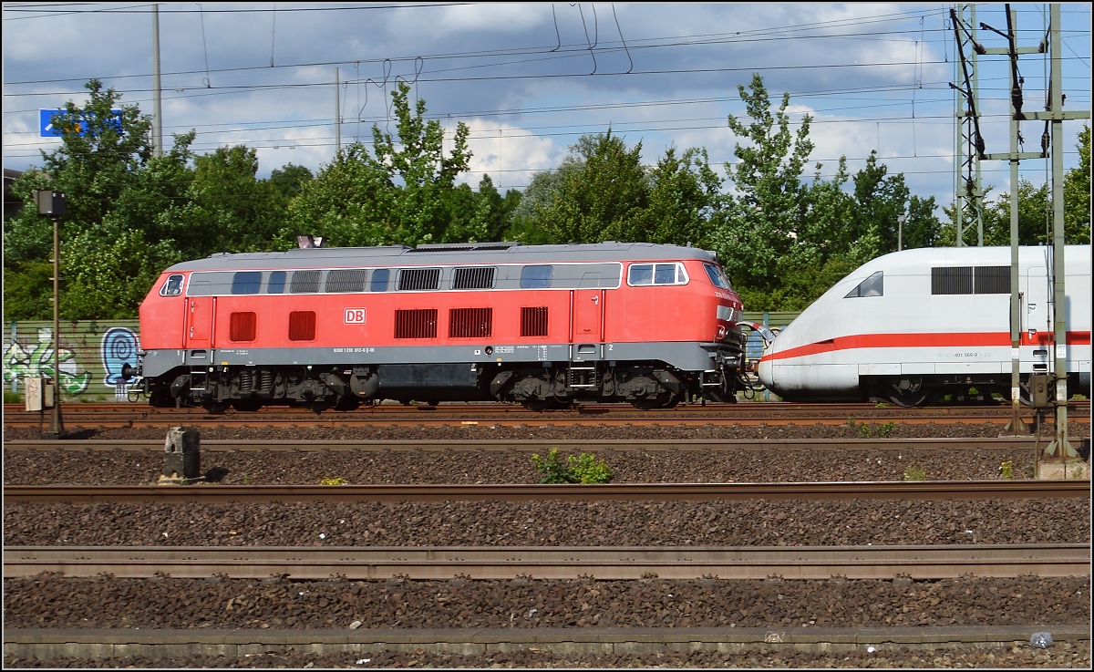 Nicht der einzige kaputte ICE an diesem Tag, 218 812-6 als Abschlepplok vor ICE Tz 169 Worms. Hamburg-Harburg, Juli 2015.