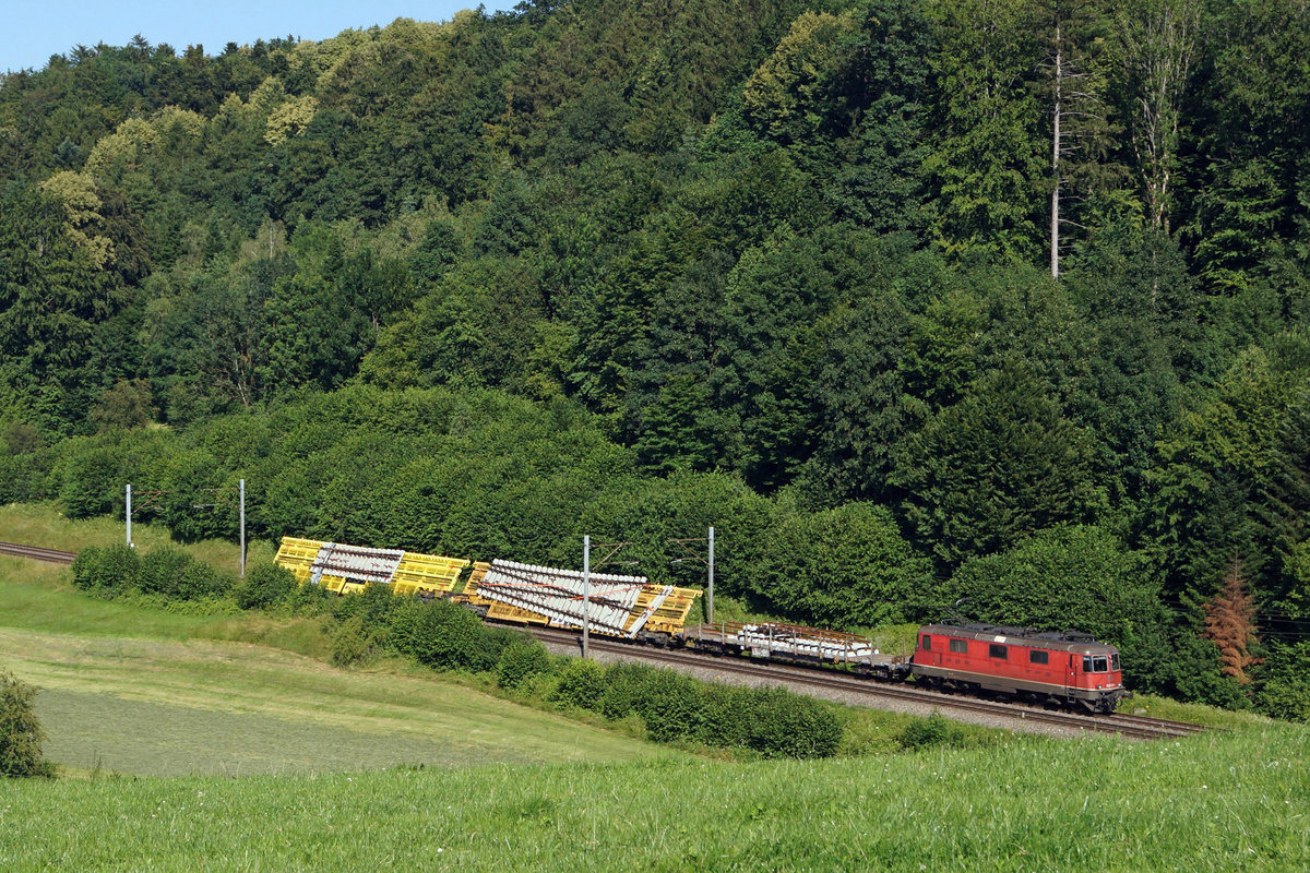Nicht erkennbare Re 420 mit einem Weichentransport bei Niederbipp am 24. Juni 2020.
Foto: Walter Ruetsch