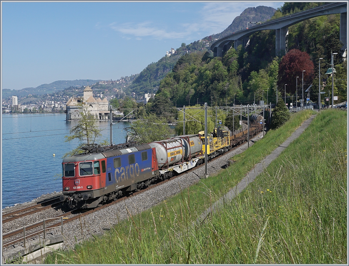 Nicht nur die Natur würde sich über etwas Regen freuen...
die SBB Cargo Re 420 268-5 mit einem Güterzug kurz vor Villeneuve, im Hintergrund das Château de Chillon. 

16. April 2020