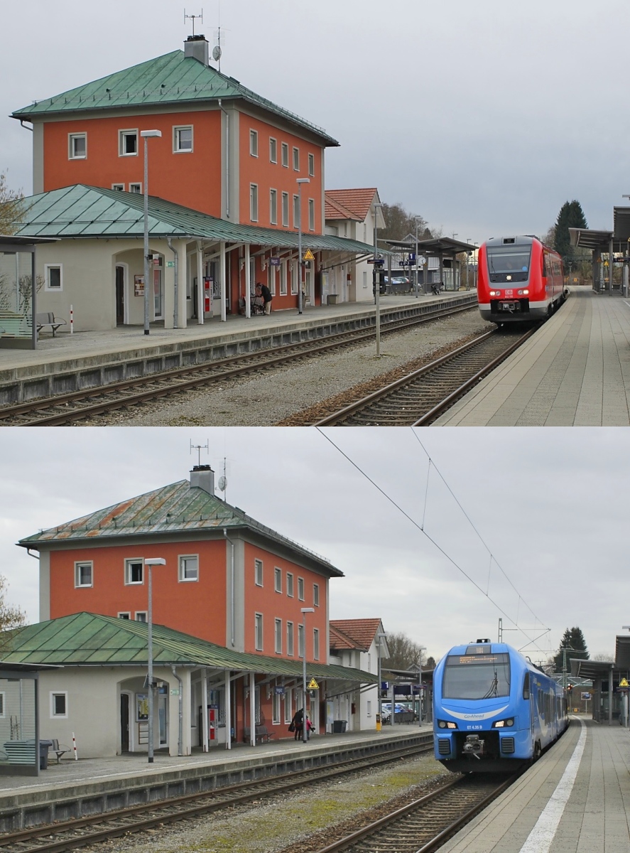 Nicht viel hat sich in den vergangenen fünf Jahren im Bahnhof Hergatz geändert, sieht man einmal von der Elektrifizierung und dem Betreiberwechsel ab: Oben verlässt 612 119 am 15.03.2018 den Bahnhof, darunter trifft am 24.03.2023 der aus Lindau kommende Go-Ahead Bayern-ET 4.35 ein