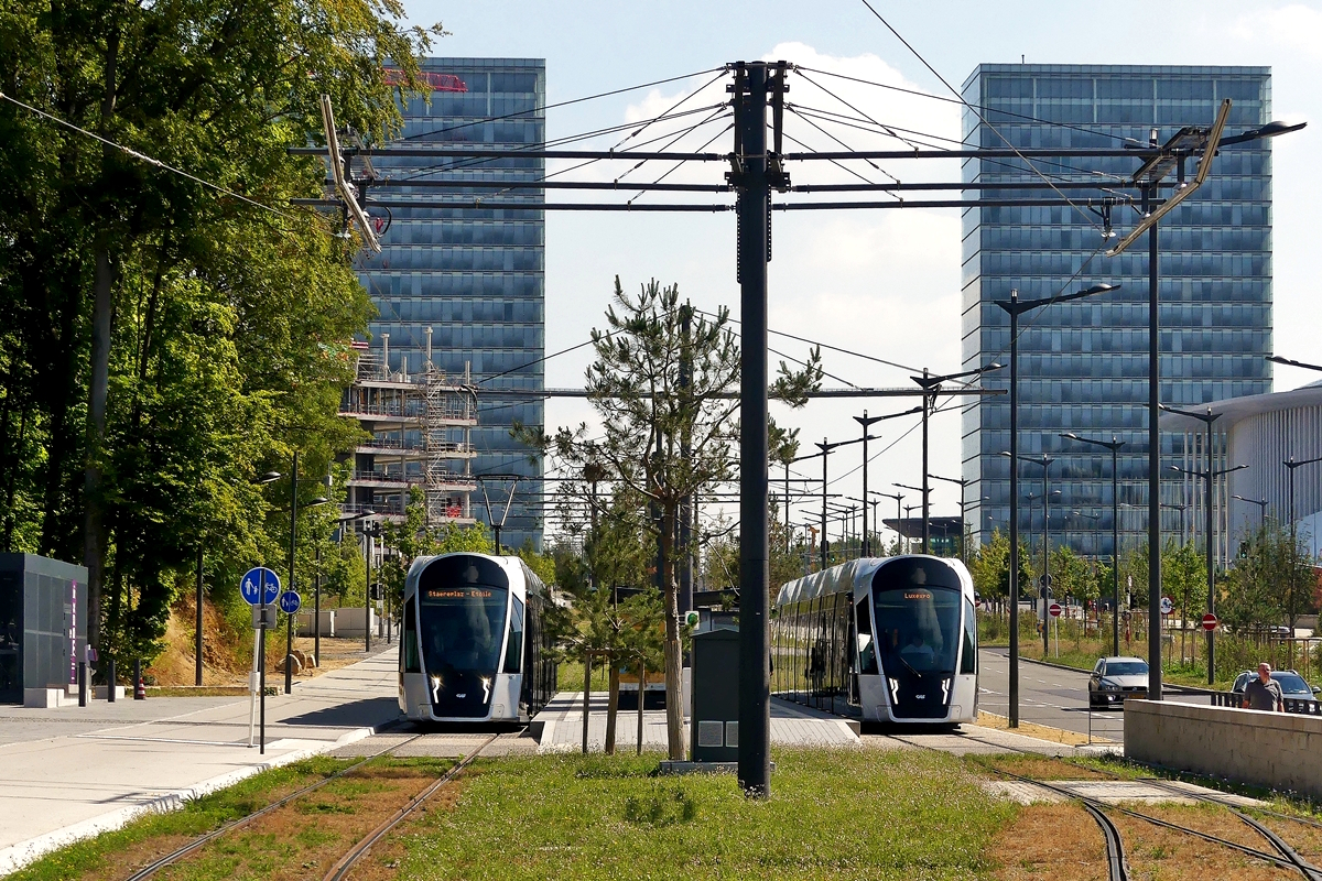 Nichts geht mehr bei LUXTRAM S.A. in Luxemburg-Stadt - An der Haltestelle Rout Brck-Pafendall in Luxembourg-Kirchberg standen am 18.08.2018 zwei CAF Urbos von LUXTRAM S.A. und nach kurzer Zeit stellten wir fest, dass auf Grund technischer Probleme, der ganze Betrieb der Tram stillstand. (Jeanny) 