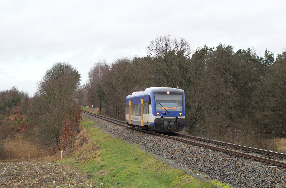 Niederbarnimer Eisenbahn VT 018 // Aufgenommen zwischen Britz und Golzow (bei Eberswalde) // 5. Januar 2018
