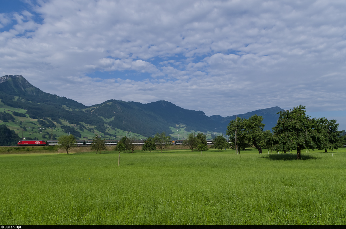 Noch auf dem Weg zur Fotostelle, wollte ich für den InterRegio zuerst gar nicht abdrücken. Aber dann gefiel mir das Motiv mit den Bäumen im Vordergrund so gut, dass ich trotzdem ein Bild machte. Der IR fährt am 27. Juni 2015 kurz nach Steinen in Richtung Süden. Hinten rechts die Rigi.