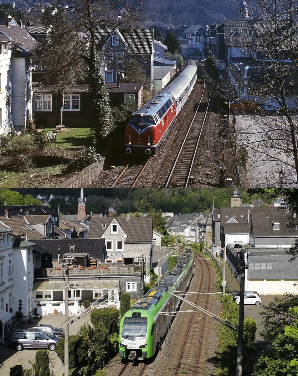 Noch ein Vergleichsbild von Bahnstrecke Essen - Wuppertal: Oben befördert die extra dafür gecharterte V 200 135 im Mai 1996 einen Regionalexpress von Essen nach Wuppertal, darunter wurde 3429 015 von Abellio am 29.05.2021 an der gleichen Stelle aufgenommen.