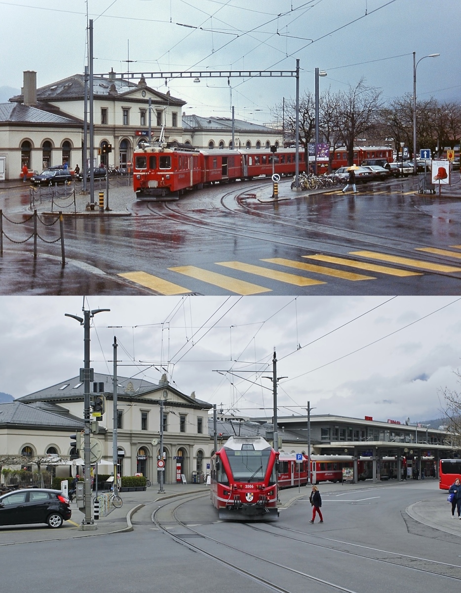 Noch einmal ein Vergleichsbild des Bahnhofs Chur vom März 1996 und dem 31.03.2022: Oben verlässt der ABe 4/4 487 mit einem Zug nach Arosa die Endhaltstelle am Bahnhof, darunter kommt der ABe 8/12 3506 mit einem Zug aus Arosa an der neuen Endhaltestelle direkt vor dem Bahnhofsgebäude an