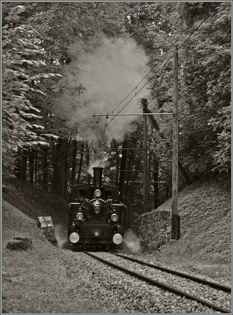 Noch wenige Meter, dann hat die B-C G 3/3 N6 die 50 Promille-Steigung geschafft und wird ber das Baie de Clarens Viadukt weiter Richtung Chamby dampfen.
6. Okt. 2013