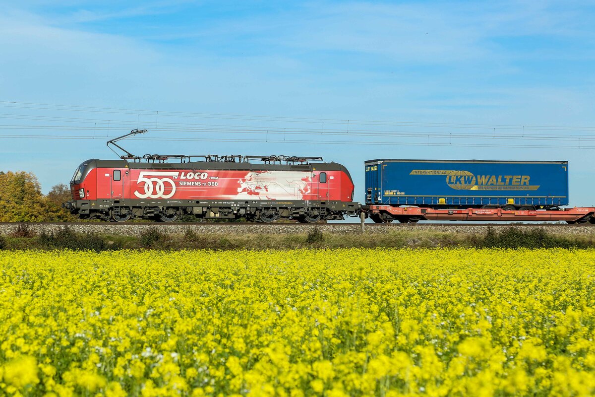 Nochmal ein schöner Oktobertag mit hübschen Farben, am 17.10.2022 bei Zorneding. 1293 018 ist wohl die 500ste Lok von Siemens an die ÖBB.