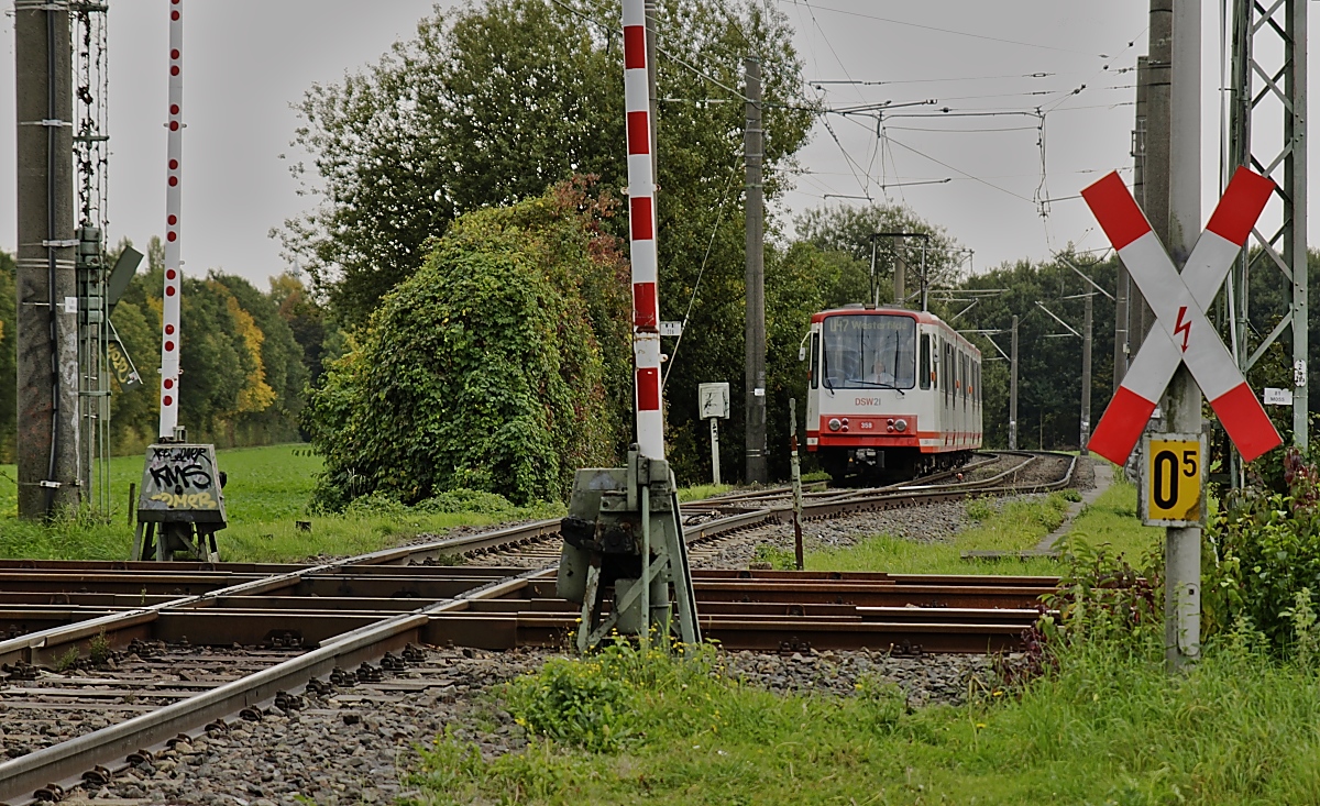 Nochmals die Kreuzung der Stadtbahn mit der DB-Strecke in Dortmund-Obernette, im Hintergund nähert sich der B80C/8 358. Die Aufnahme entstand am 15.10.2019 von einem parallel zur Strecke verlaufenden Fahrweg.