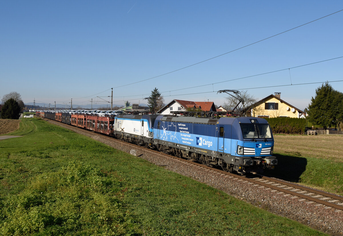 Nomen es omen! Napříč Evropou, quer durch Europa ging am 17.11.2024 die Fahrt des aus Mladá Boleslav kommenden ČD Cargo Škoda-Autozuges 49415, welcher von den beiden Loks 383 008 und 193 699 traktioniert wurde. Sein Ziel war der Adriahafen Koper. (Aufnahmeort zwischen Werndorf und Wildon)