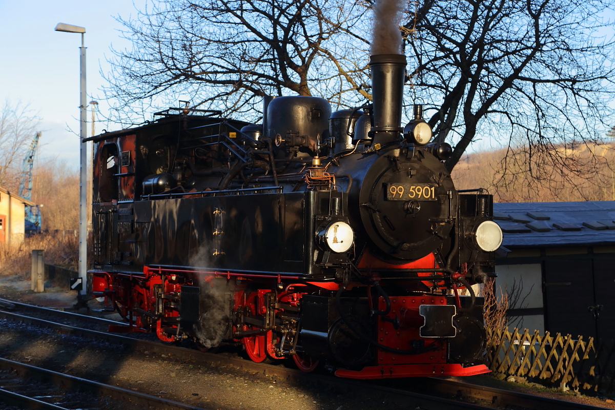 Nomen est omen! Trotz ihres Alters von stolzen 118 Jahren, steht der Name des Herstellers  Jung  aus Jungenthal (Sieg) auch gleichsam als Synonym für das SCHEINBARE Alter von 99 5901 (ex NWE 11)! Dank bester Wartung und Pflege ist die Lok auch heute noch  jung  und fit wie ein Turnschuh, auch wenn sie im Laufe ihres Lebens bereits schon einige Veränderungen über sich ergehen lassen mußte. So wurde z.B. der genietete Kessel durch einen geschweißten und die ursprüngliche Esse durch die einer sächsischen IV K ersetzt. Als nach den für den Reiseverkehr eingesetzten Personenwagen auch noch die histrischen Sonderzugwagen von Saug- auf Druckluftbremse umgerüstet wurden, drohte das endgültige Aus für die Einsatzfähigkeit der Maschine! Da sie bereits zu DDR-Reichsbahn-Zeiten unter Denkmalschutz stand, durfte das Äußere der Maschine nicht verändert werden. Dies wäre aber durch die Ausrüstung mit einer üblichen Druckluftpumpe der Fall gewesen. Erst nach der Wende gelang es Mitgliedern der IG HSB, eine passende kleine Pumpe in der Schweiz aufzutreiben, welche sich im Wasserkasten  verstecken  ließ. Wie im Bild gut zu sehen ist, schaut nur der obere Teil der Pumpe ein wenig heraus. Dies schränkt zwar das Speichervolumen des Kastens etwas ein, ermöglicht es aber immerhin, daß die Maschine, auch heute noch, in altem Glanz vor Sonderzügen bestaunt werden kann!
Die Aufnahme entstand am 14.02.2015 im Bereich des ehemaligen Bw Gernrode.