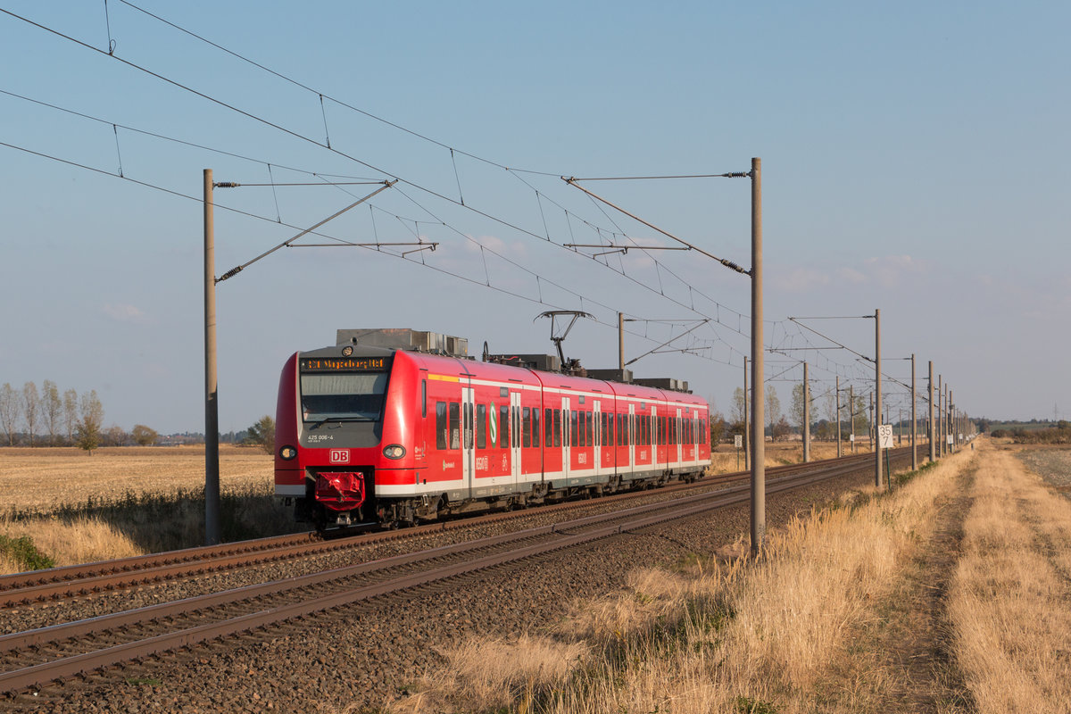 Normalerweise fahren zwischen Magdeburg und Halle 146er mit drei Doppelstockwagen, am 05.09.2018 war ausnahmsweise 425 006-4 als RE 30 von Halle nach Magdeburg unterwegs. Fotografiert in Sachsendorf.  