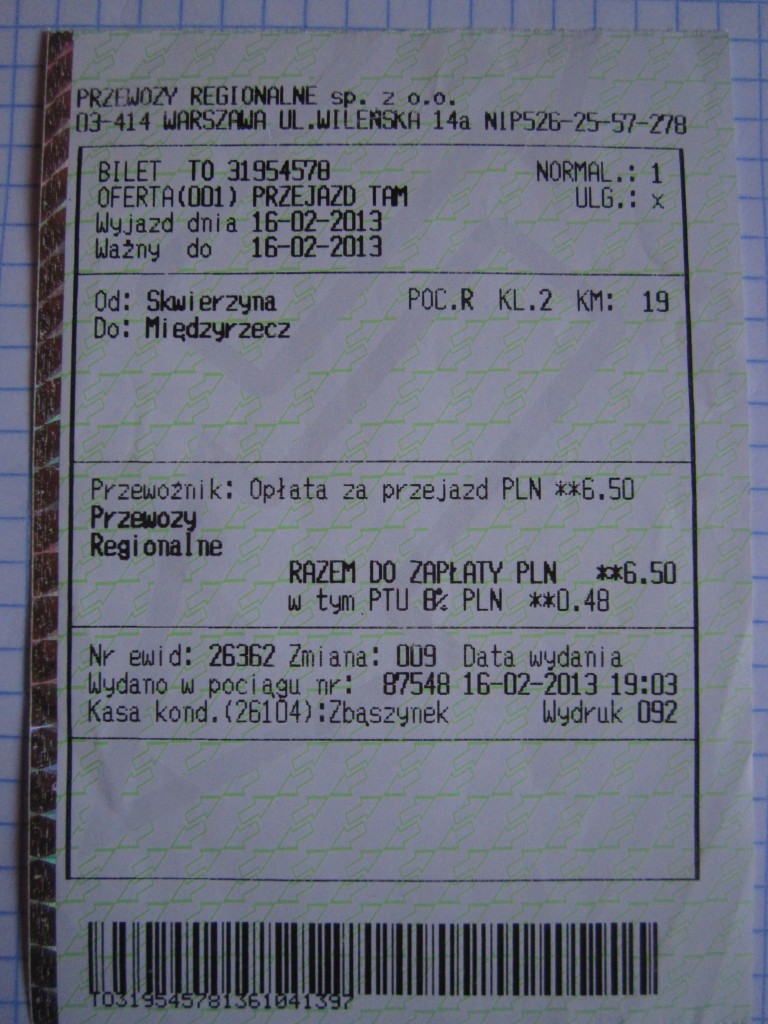 Normalticket von Skwierzyna nach Miedzyrzecz, 16.02.2013