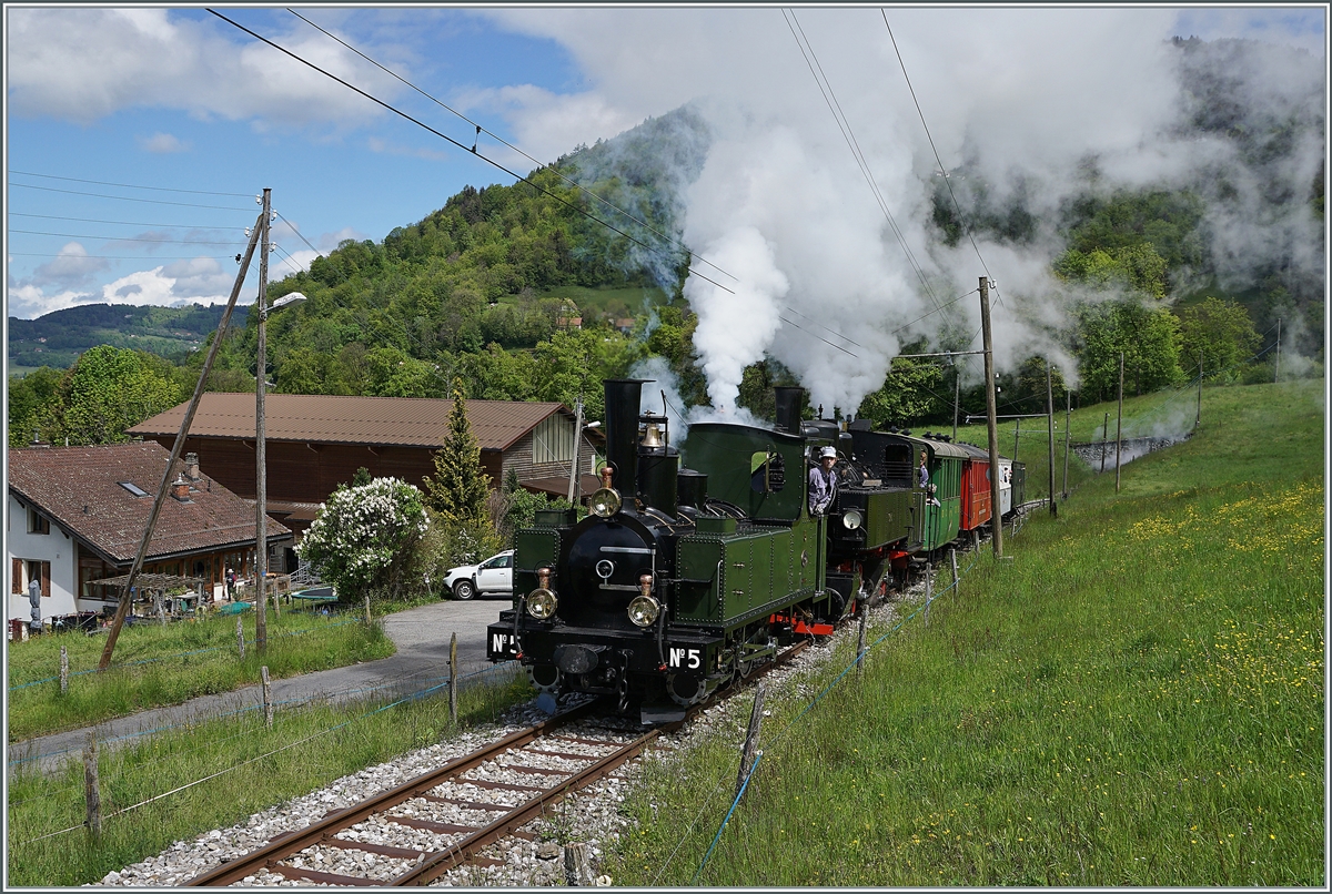  Nostalgie & Vapeur 2021  /  Nostalgie & Dampf 2021  - so das Thema des diesjährigen Pfingstfestivals der Blonay-Chamby Bahn, und von beidem gab es reichlich: die G 3/3 N° 5 ex LEB (Baujahr 1890) und der G 2x 2/2 105 (Baujahr 1918) dampfen mit ihrem Personenzug von Blonay nach Chaulin und sind hier kurz vor Cornaux zu sehen. 

22. Mai 2021