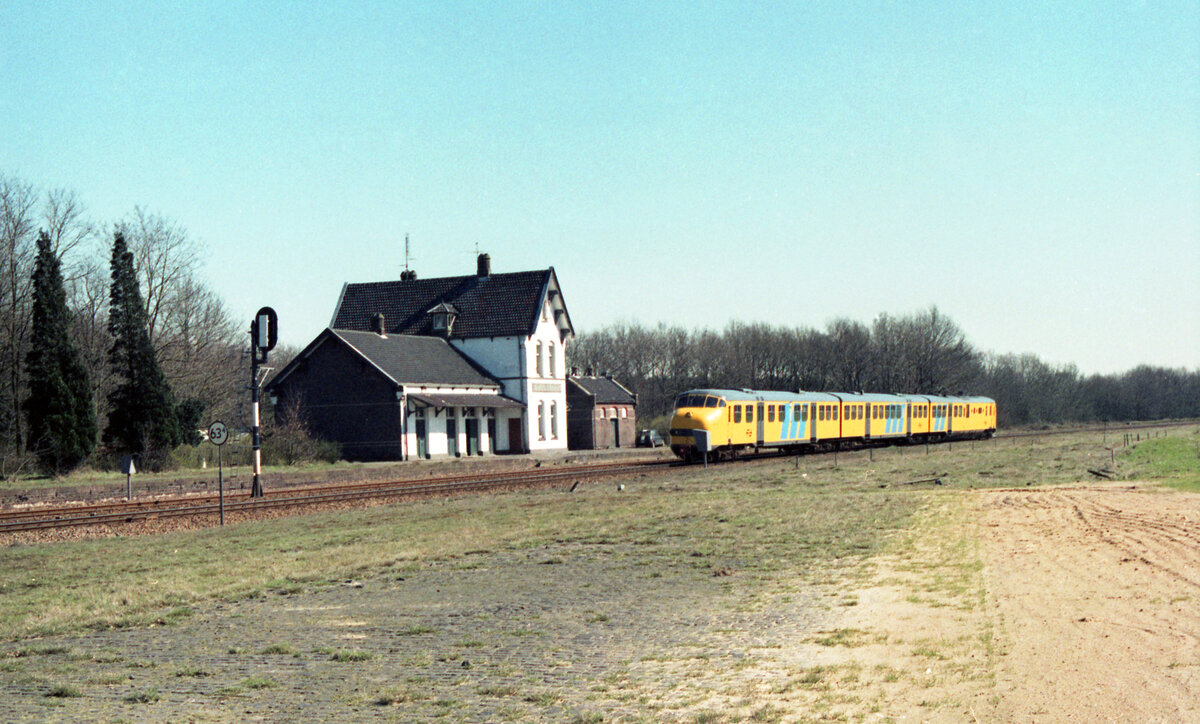 NS 143 als Zug 6246 von Roermond nach Nijmegen am fr�heren Bahnhof Meerlo-Tienraij, 27.03.1981. Scan 92257.