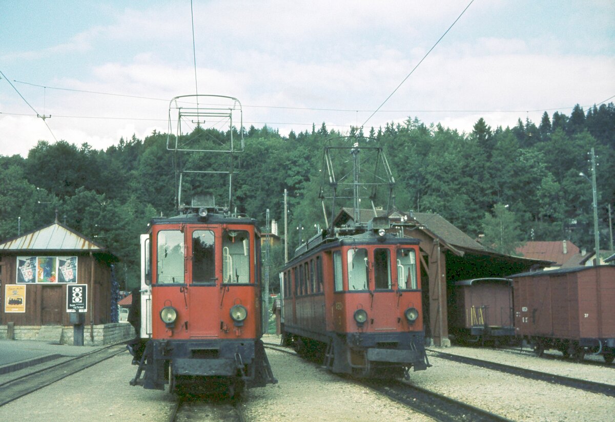 NStCM__Im Bahnhof von St.Cergue mit zwei Tw, rechts Nr.3. Daneben einige G-Wagen vor der Remise.__09-1976