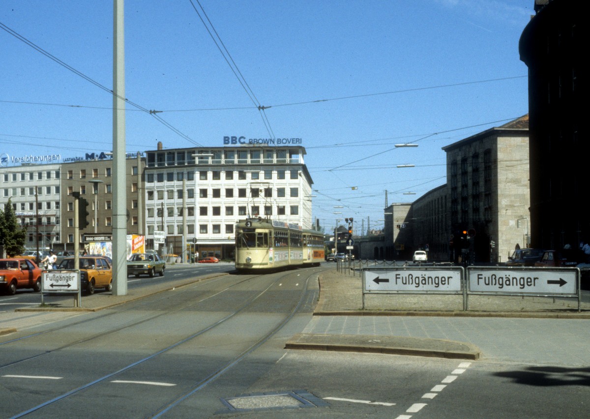Nürnberg VAG SL 3 (GT6 334) Bahnhofstrasse am 7. Juli 1984.