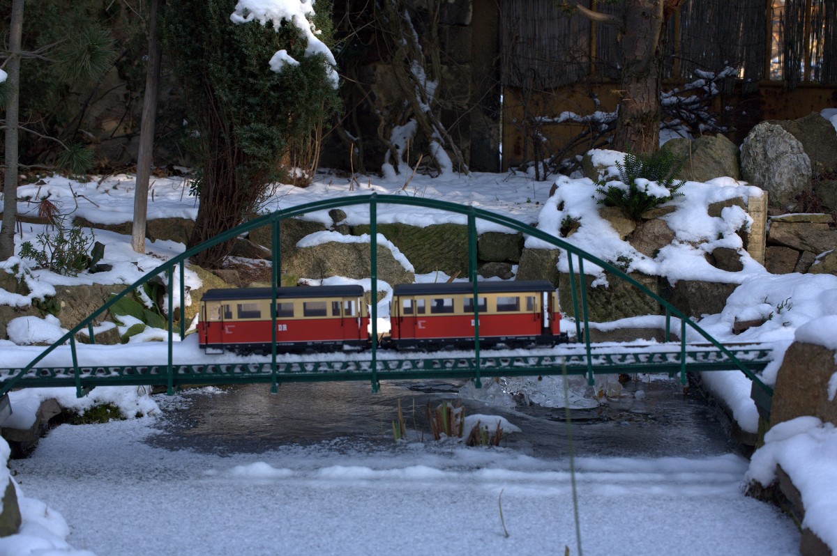 Nun ist der VT 133 auf der Brücke endgültig stecken geblieben, es liegt nicht am Schnee, sondern an den vereisten Gleisen. 26.01.2014 09:53 Uhr.