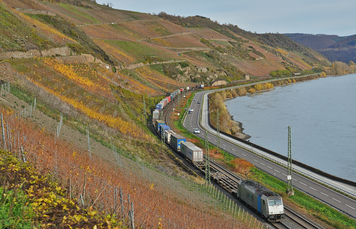 Nur kurz und schwach ließ sich am 13.11.2025 die Sonne im Rheintal am Bopparder Hamm blicken, wie hier mit der von Railpool an LINEAS vermieteten E 186 456-0 auf dem Weg nach Süden