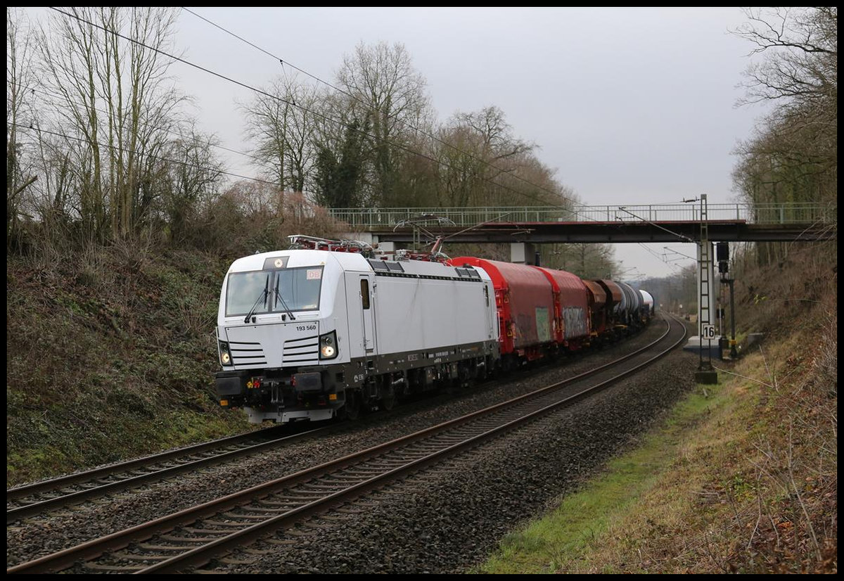 Nur mit einem roten DB Schildchen im Frontfenster war 193560 am 18.1.2020 mit einem Güterzug in Richtung Osnabrück unterwegs, als der Zug um 10.13 Uhr den Ortsrand von Hasbergen erreichte.
