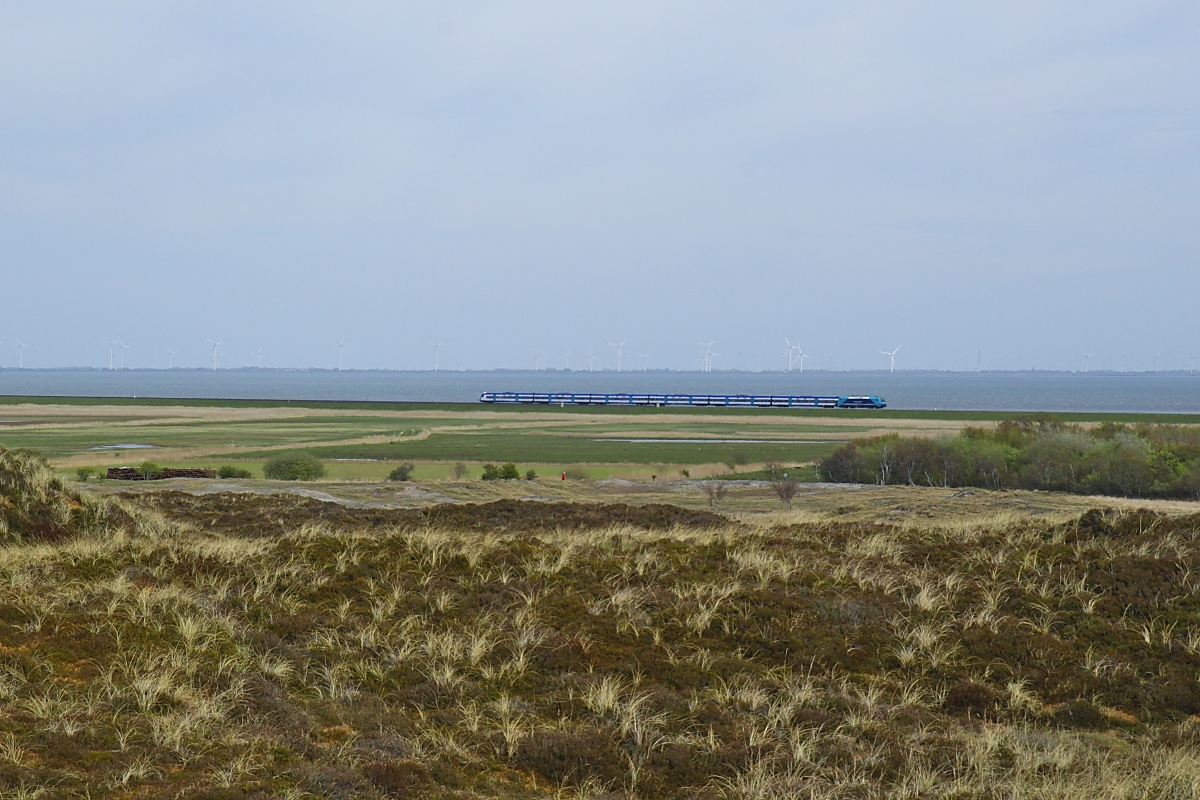 Nur noch wenige Meter muss die 245 am 04.05.2023 mit ihrem RE zurücklegen, um den Hindenburgdamm zu verlassen und die Insel Sylt zu erreichen