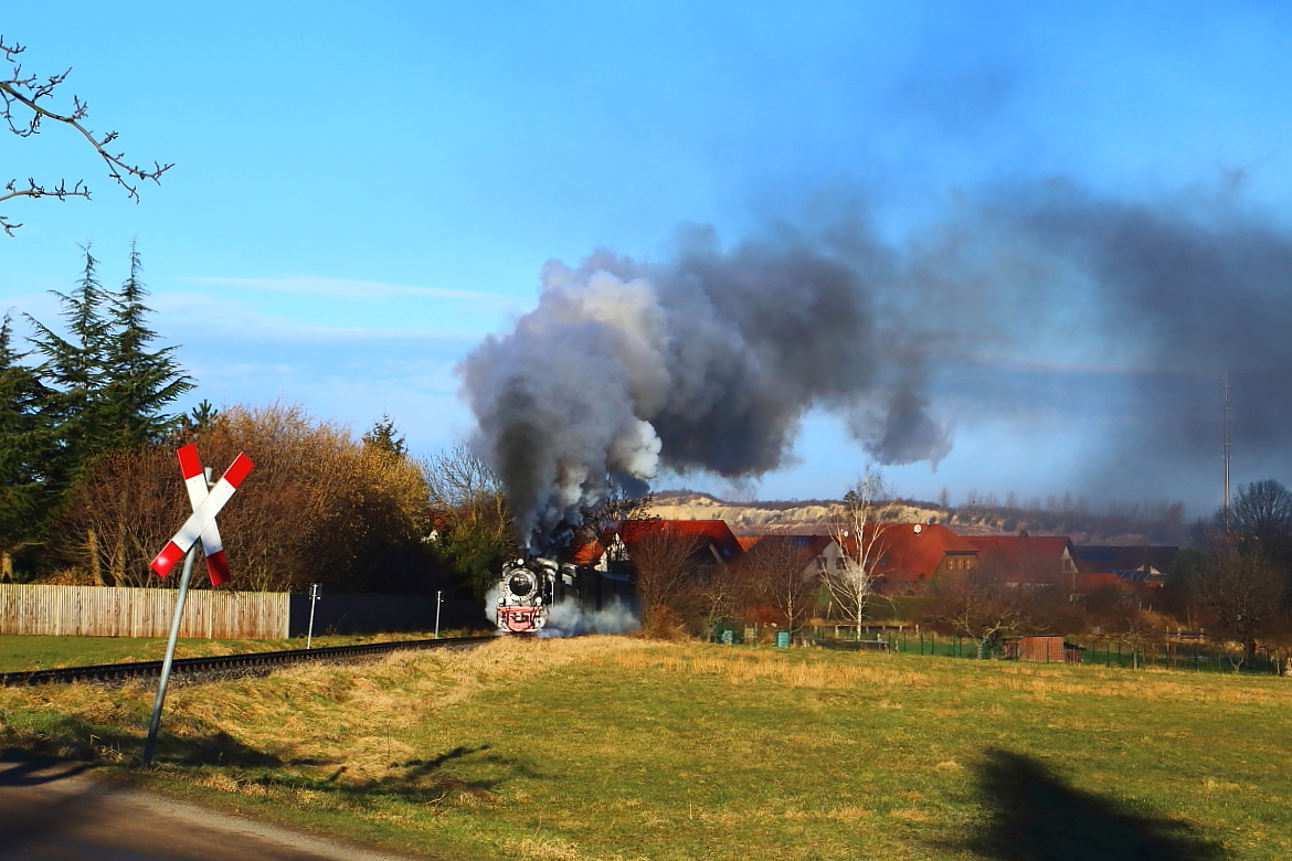 Nur wenige Minuten nach Verlassen des Bahnhofes gibt es am 14.02.2015 für den IG HSB-Sonder-PmG bereits die erste Scheinanfahrt am Bahnübergang Osterallee in der Ortslage Gernrode. Mit mächtig viel Dampf und Rauch tauchen hier gerade 99 6901 und 99 5901 zwischen den Büschen am Stadtrand auf.