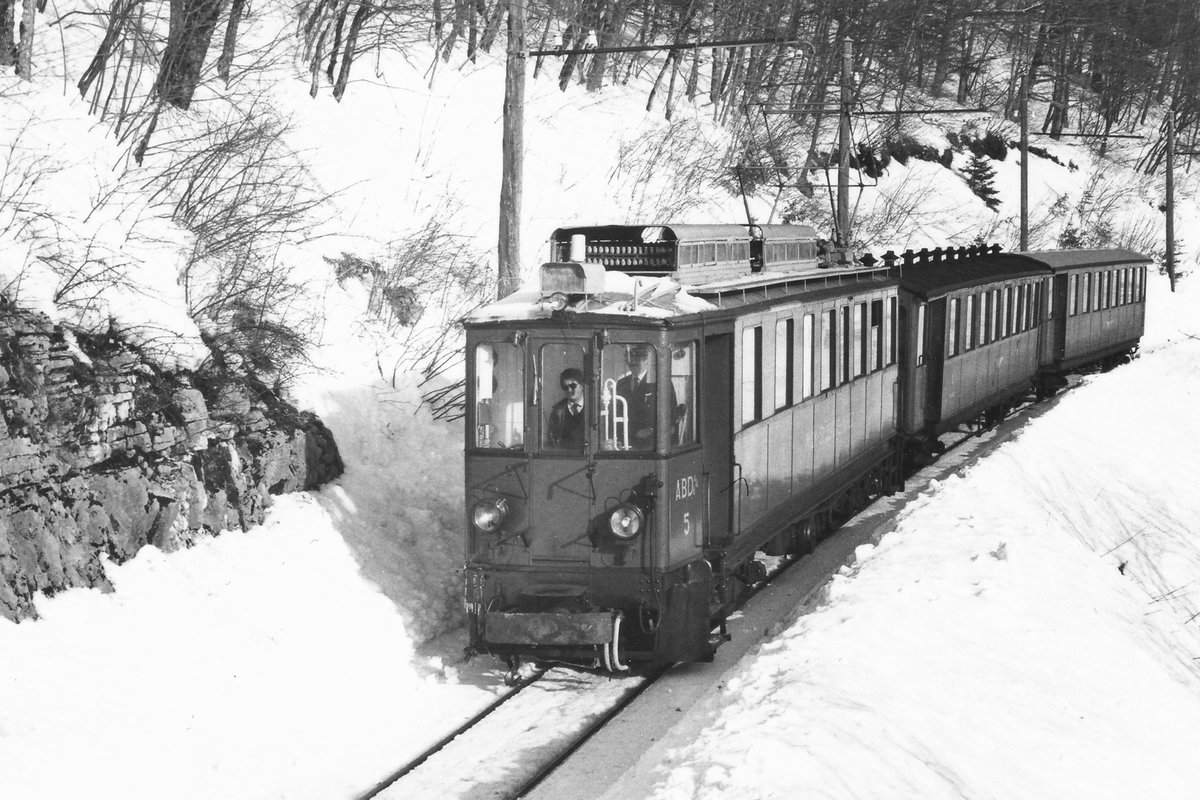 Nyon-St-Cergue-La Cure/NStCM.
Regionalzug mit dem ABDe 4/4 5 zwischen La Chèvrerie-Monteret und St-Cergue im Winter 1983.
Foto: Walter Ruetsch
