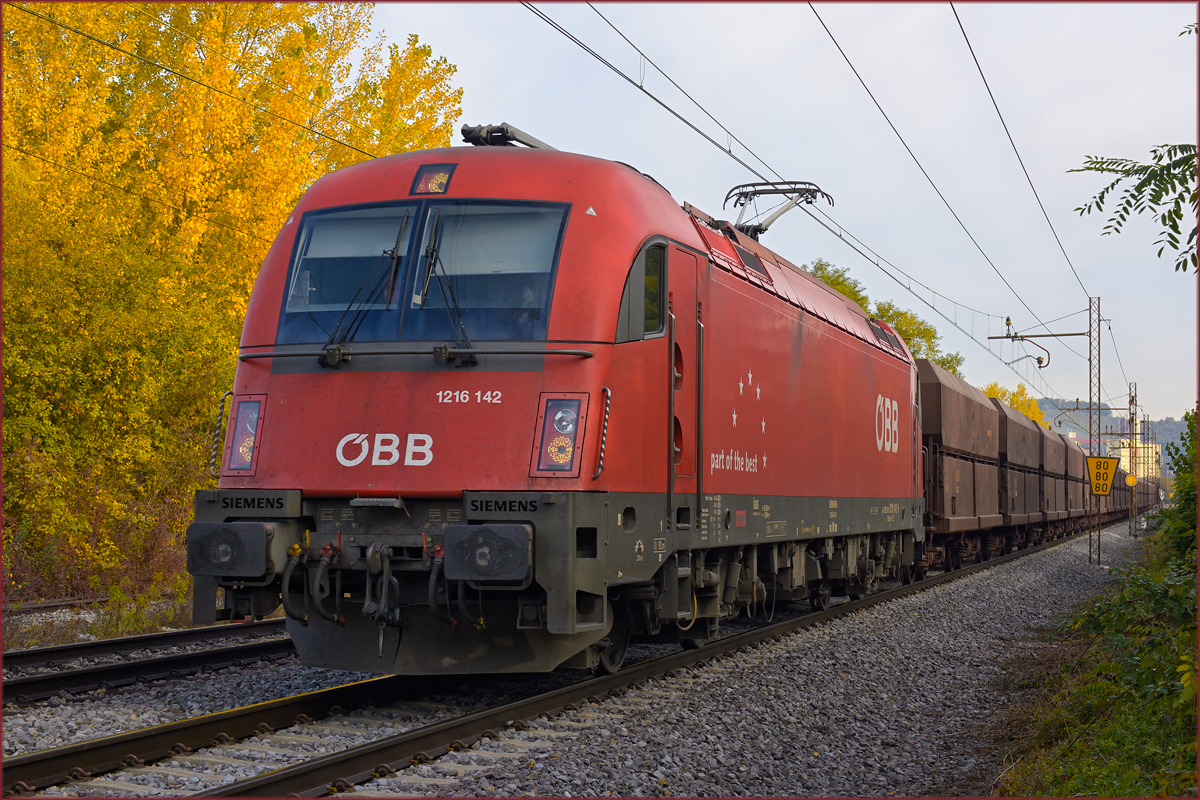 OBB 1216 142 zieht leeren Erzzug durch Maribor-Tabor Richtung Koper Hafen. /21.10.2020