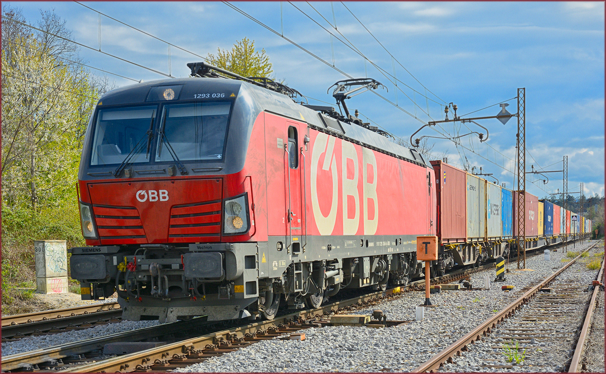 OBB 1293 036 zieht Containerzug durch Maribor-Tabor Richtung Norden. /20.4.2021