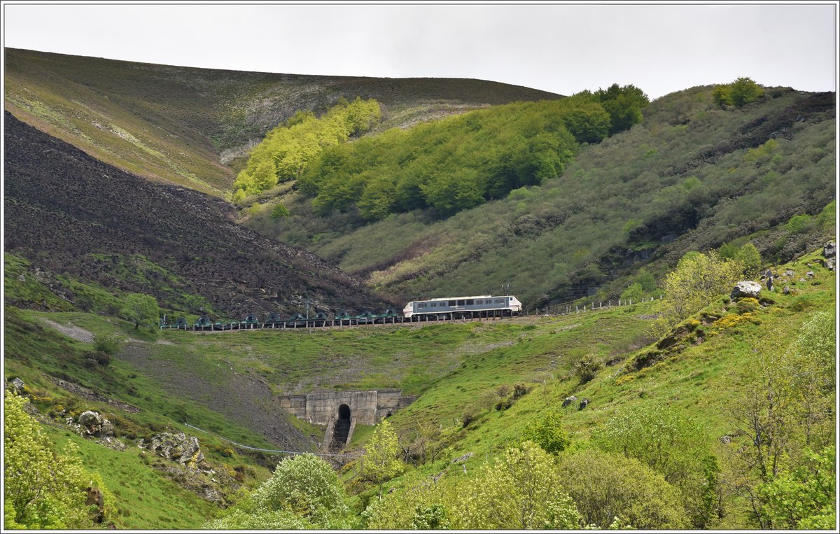 Oberhalb des Dorfes Pajares kämpft sich ein weiterer Coilszug mit einer 251er den Berg hoch. (25.05.2016)