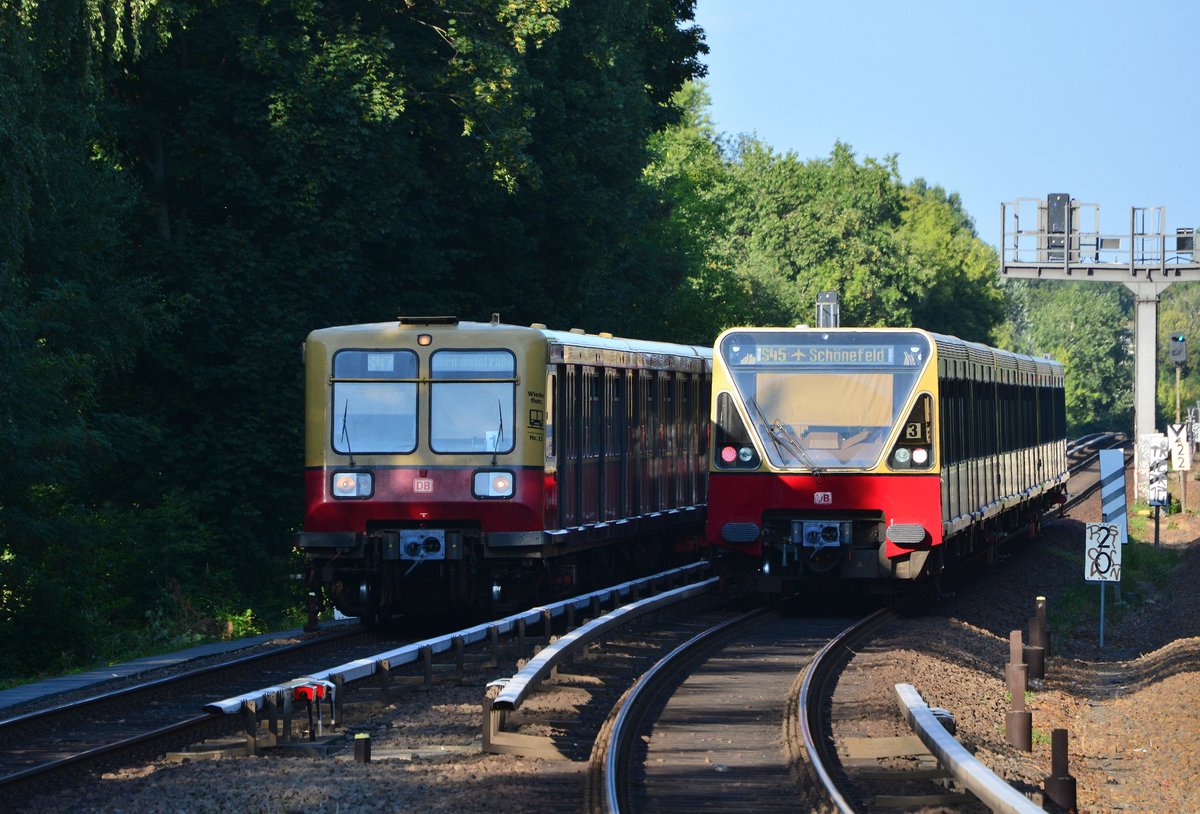Obwohl der Altersunterschied nicht sehr groß ist unterscheiden sie sich doch sehr. Links fährt ein Triebzug der Br485 als S47 in Köllnische Heide ein er ist die Nr13 von insgesamt 20 aufgearbeiteten Zügen der Br485. Rechts fährt ein triebzug der Br480 als S47 vorbei er hat soeben den Haltepunkt Köllnische Heide verlassen. 

Die Züge der Br485 (Spitzname Coladose) wurden von der Deutschen Reichsbahn bestellt um ihren überalterten Fahrzeugbestand zu erneuern. Vorgestellt wurde die Br485 1980 auf der Leipziger Frühjahrsmesse. Wegen vieler Ausbesserungen erfolgte die Serienauslieferung erst 1987 und 1990 bis 1992. 2003 hatte man begonnen die Br485 auszumustern, dies jedoch nicht lange den 2011 ging bereits wieder der erste von 20 wieder aufgearbeiteten Zügen der Br 485 in Dienst. 

Die Br 480 (Spitzname Toaster) wurde 1986 mit 4 Prototypen ausgeliefert als die BVG bei der Übernahme der West Berliner S-Bahn dringend Fahrzeuge beschaffen musste. Ab 1990 wurden 41 Viertelzüge und von 1992 bis 1994 weitere 40 Viertelzüge geliefert.


Berlin Köllnische Heide 24.07.2018


