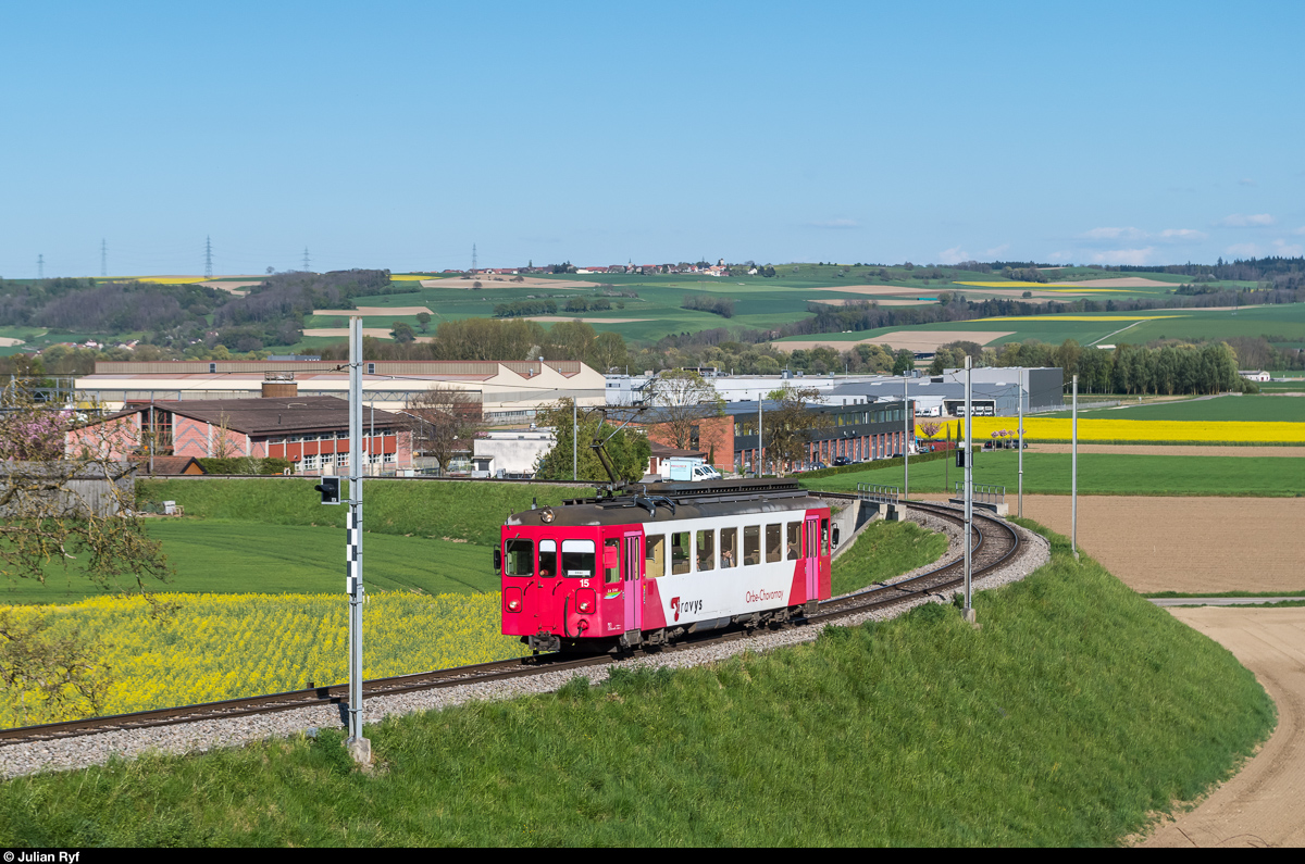 OC BDe 4/4 15 (ex SZU Uetliberg BDe 4/4 13) am 13. April 2017 zwischen Les Granges und Saint Eloi.
