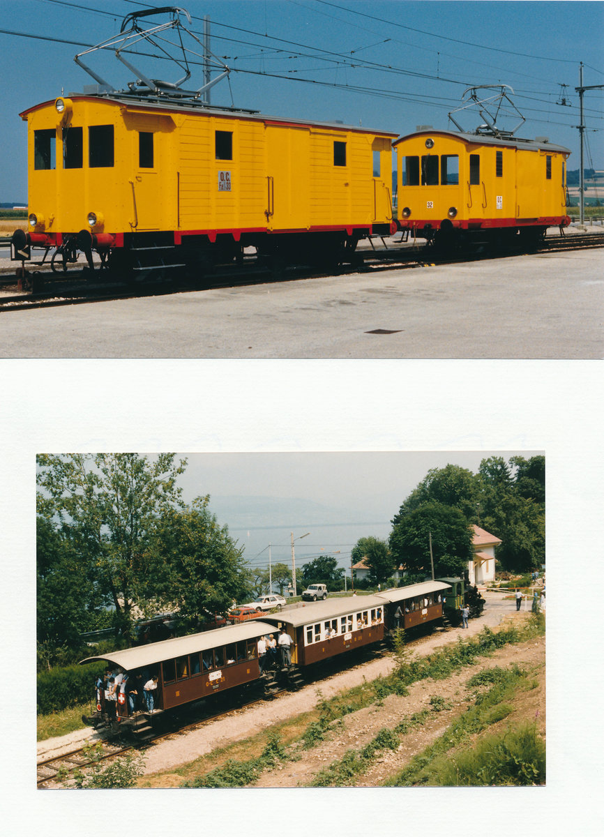 OC-Raritäten:

Die Gütertriebwagen Fe 2/2 33 und De 2/2 32 in Les Granges im Mai 1987.

Die zweiachsigen OC Personenwagen unterwegs mit einem Dampfzug von Le Bouveret nach Evian. 
Diese grenzüberschreiteten Dampfzüge Schweiz-Frankreich waren in den 80er-Jahren noch aktuell.

Fotos: Walter Ruetsch   
