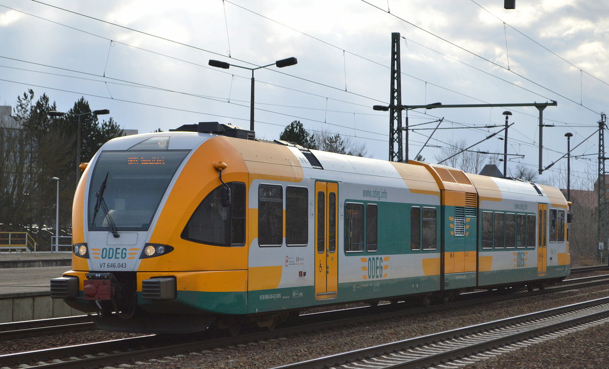 ODEG mit VT 646.043 (Dienstfahrt) am 29.01.20 Durchfahrt Bf. Flughafen Berlin Schönefeld. 