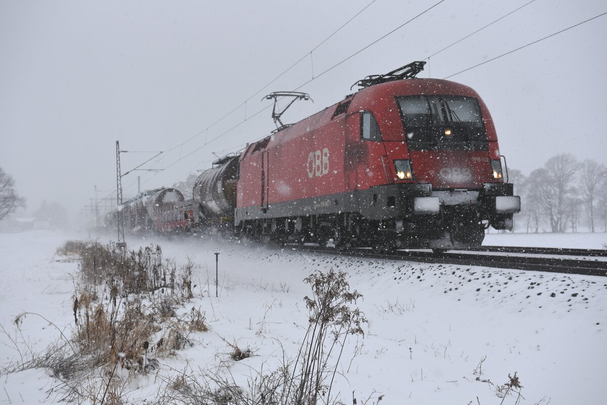 ÖBB 1016 012 mit Güterwagen auf der Strecke München in Richtung Salzburg kurz vor Übersee am Chiemsee. Aufgenommen am 22.01.22 