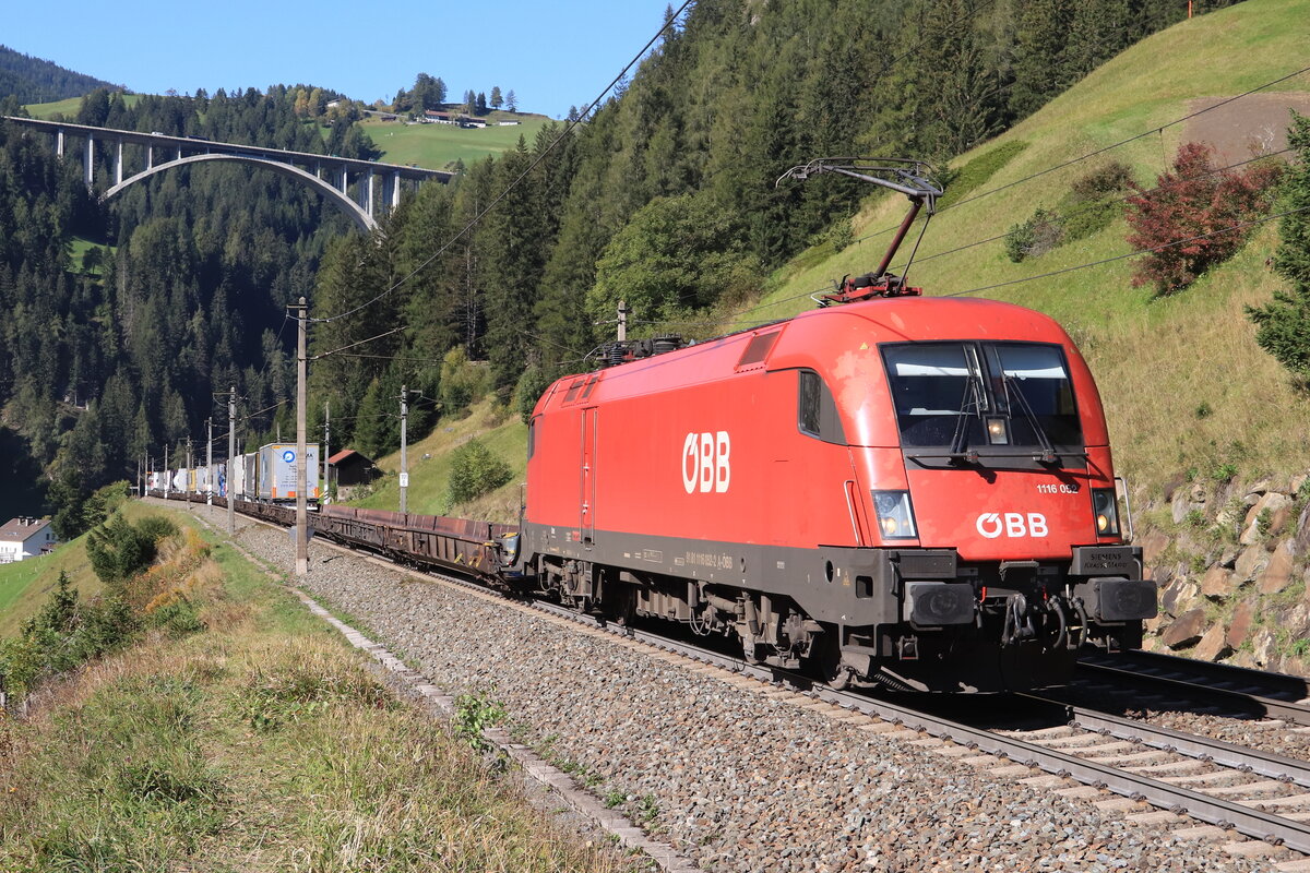 ÖBB 1116 052-2 als Zuglok einer ROLA von Wörgl Terminal Nord nach Brennersee bei der Bergfahrt. Grüße an den freundlichen TF :-). Aufgenommen bei St. Jodok am Brenner am 09.10.2021