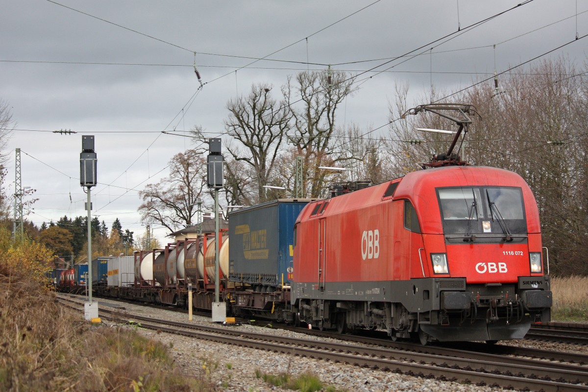 ÖBB 1116 072 am 9.11.13 mit einem KLV in Aßling (Obb.).