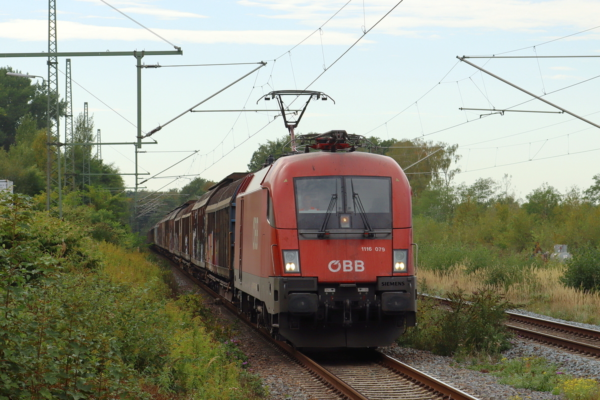 �BB 1116 079 kommt mit einem Habbins Ganzzug durch Herten-Westerholt gefahren 29.9.2026