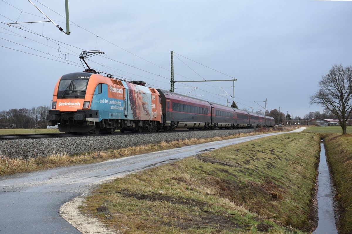 ÖBB 1116 229 -Steinbach Pools- mit einer Railjetgarnitur auf der Strecke Salzburg in Richtung Kufstein kurz nach Übersee am Chiemsee. Aufgenommen am 28.12.21 