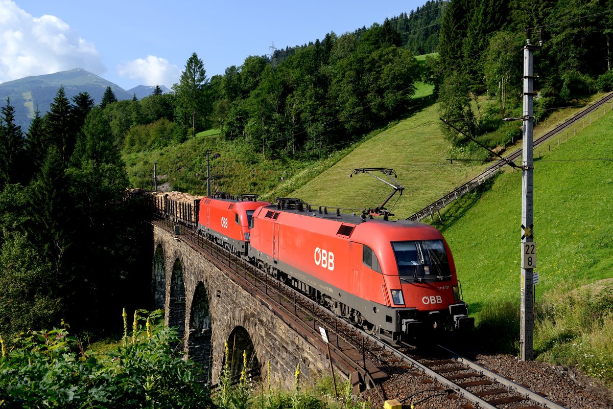 ÖBB 1116.137 + 1016.045 am 13. Juli 2013 vor einem gemischten Güterzug bei Bad Hofgastein.