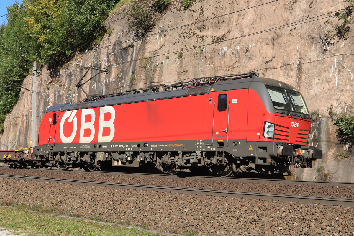ÖBB 1293 017-0 am Zugschluss einer ROLA von Brennersee nach Wörgl Terminal Nord bei der Talfahrt. Aufgenommen bei Gries am Brenner am 25.09.2021