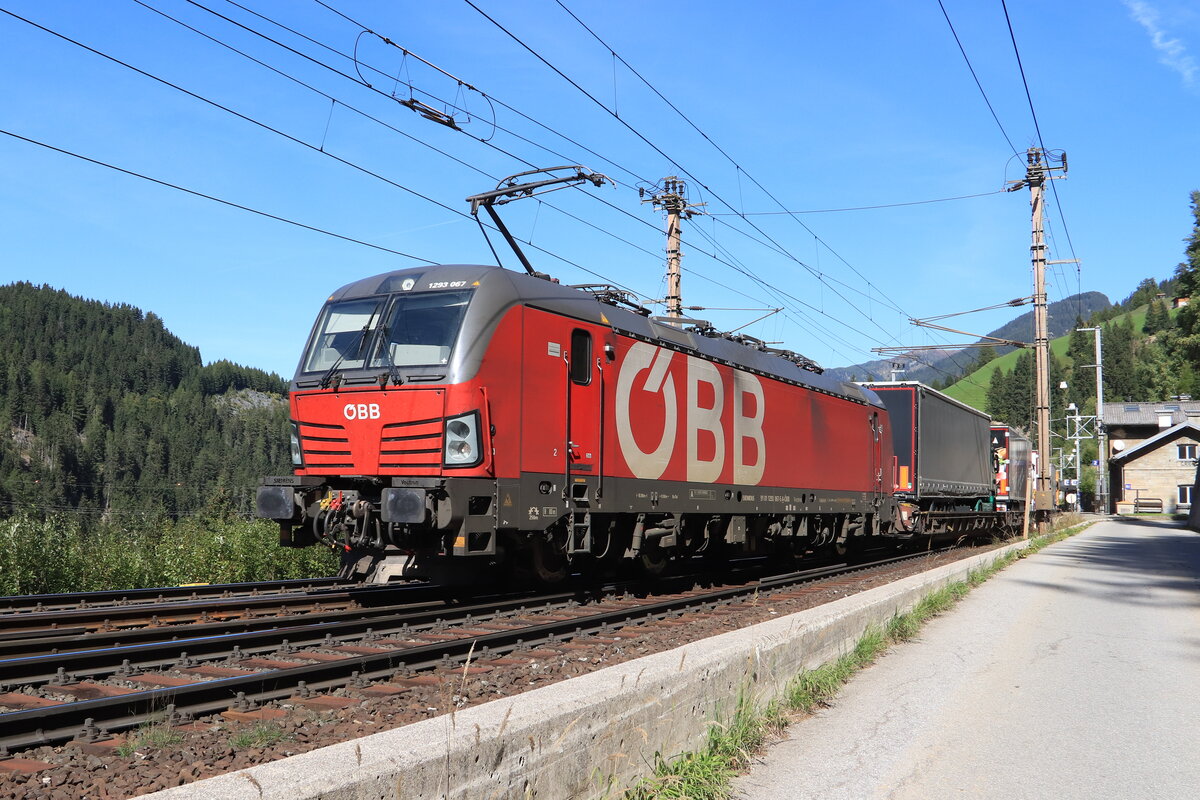 ÖBB 1293 067-5 als Zuglok einer ROLA von Wörgl Terminal Nord nach Brennersee bei der Bergfahrt. Aufgenommen bei Gries am Brenner am 25.09.2021