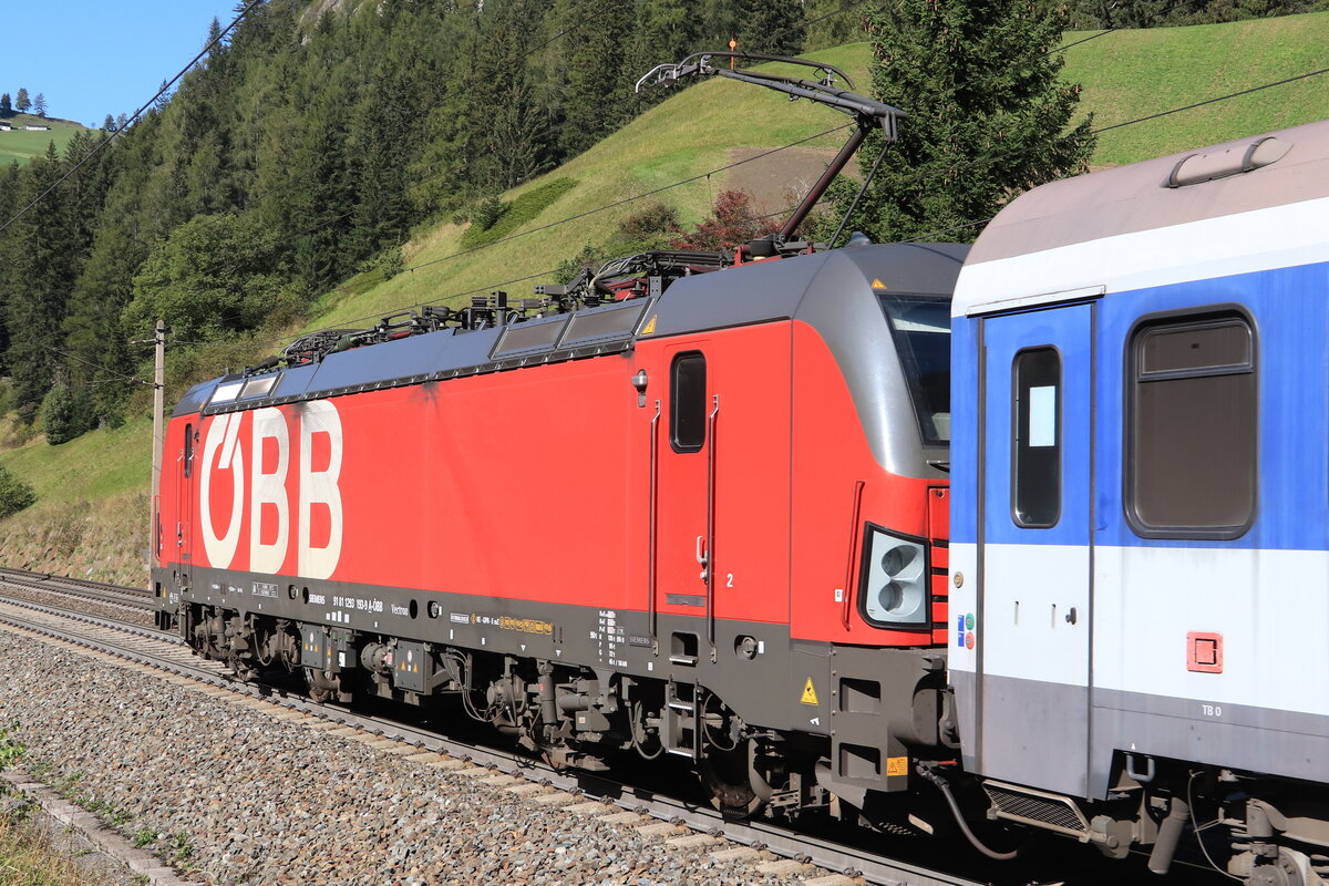 ÖBB 1293 193-9 am Zugschluss einer ROLA von Wörgl Terminal Nord nach Brennersee bei der Bergfahrt. Aufgenommen bei St. Jodok am Brenner am 09.10.2021