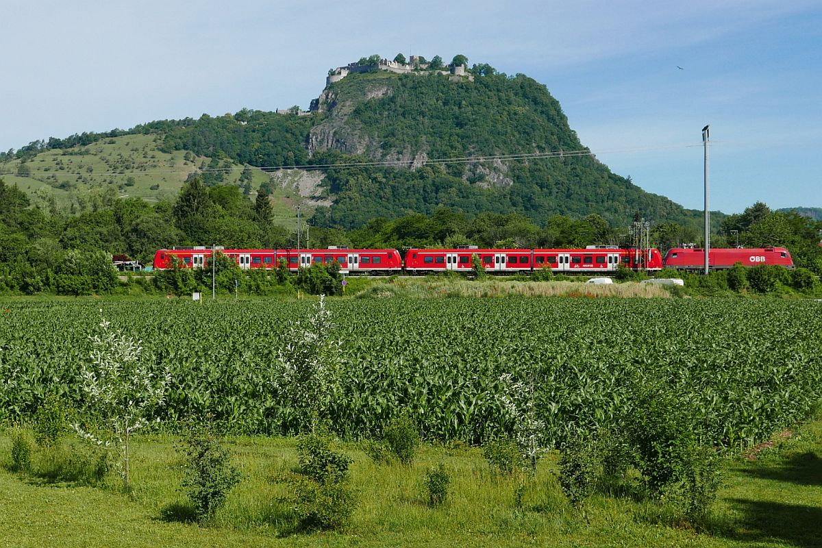 ÖBB-E-Lok zieht DB-Elektrotriebzüge? Nein, denn die beiden 426er fahren als RB 19715, Schaffhausen – Singen (Hohentwiel), an der 1116er vorbei, die bereitsteht, um nach einer kurzen Fahrt die Wagen eines IC nach Stuttgart zu übernehmen. Singen, 12.06.2020.