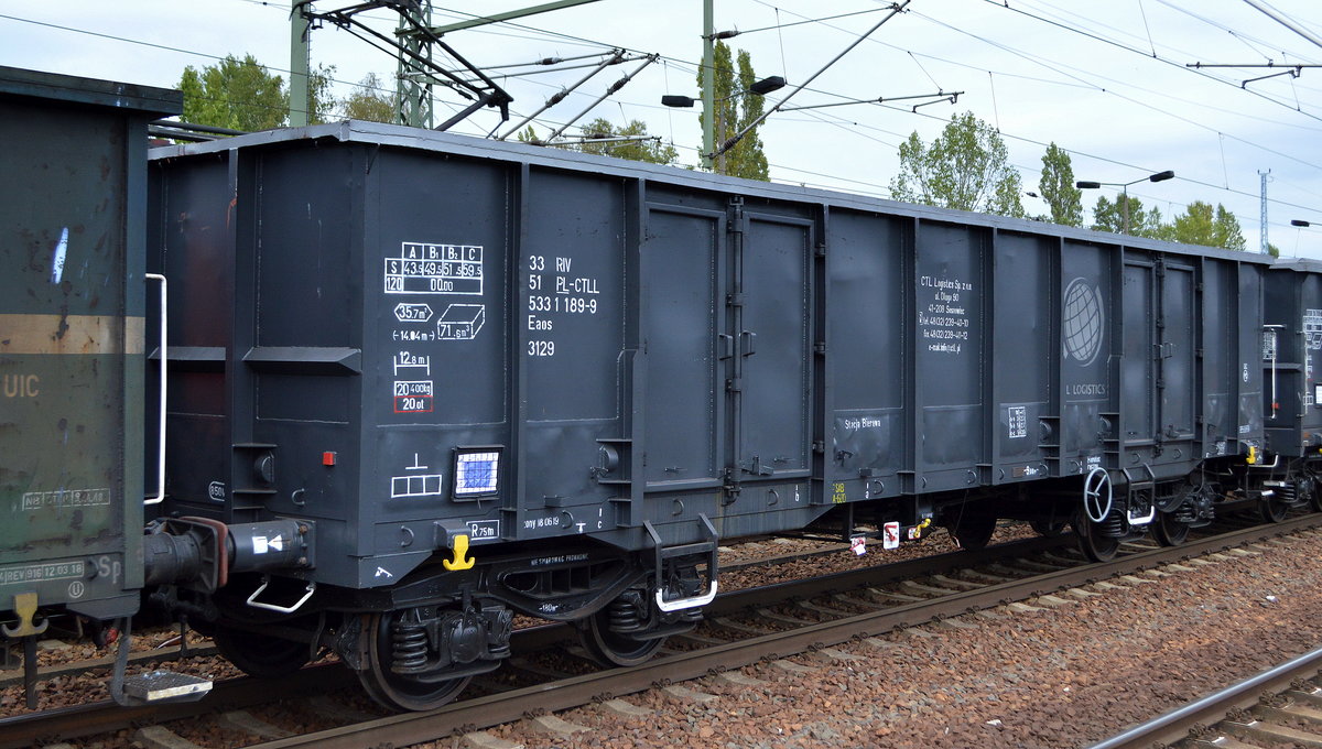 Offener Drehgestell-Güterwagen der polnischen CTL Logistics Sp. z o.o. mit der Nr 33 RIV 51 PL-CTLL 5331 189-9 Eaos am 15.08.19 Bahnhof Flughafen Berlin Schönefeld.