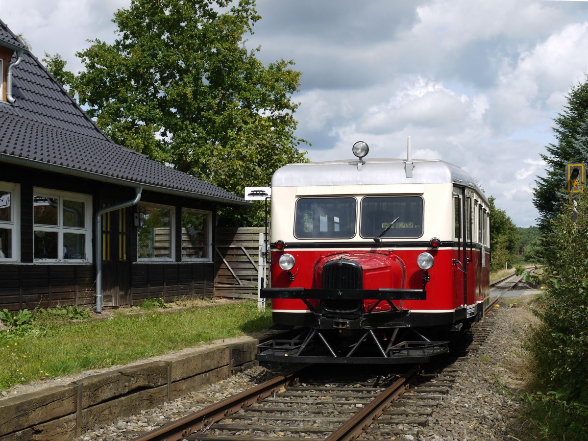 OHE VT508 ( Ameisenbär  /  Schweineschnäuzchen ) , Wismarer Schienenbus Baujahr 1937 am ehemaligen Bahnhof Döhle; 24.08.2014
